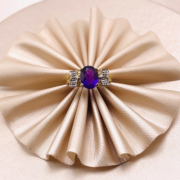 EUC 14k Yellow Gold Amethyst & Diamond Cocktail Ring - Picture 5 of 16